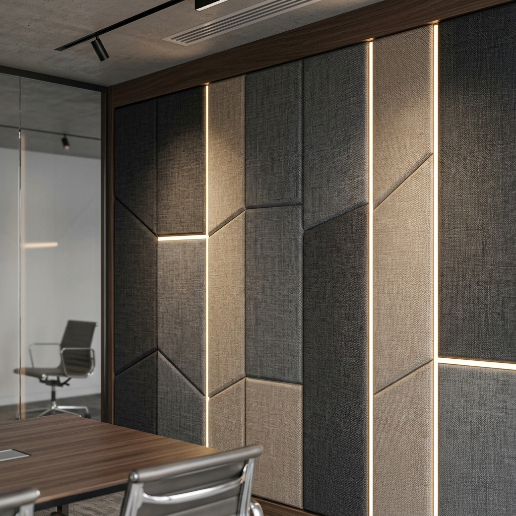 Premium fabric-wrapped acoustic wall panels with integrated LED lighting in a boardroom setting