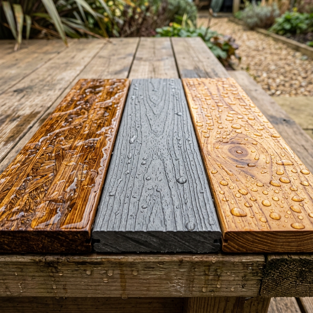 Close-up texture comparison of three decking board types showing water beading on bamboo, WPC, and natural timber surfaces