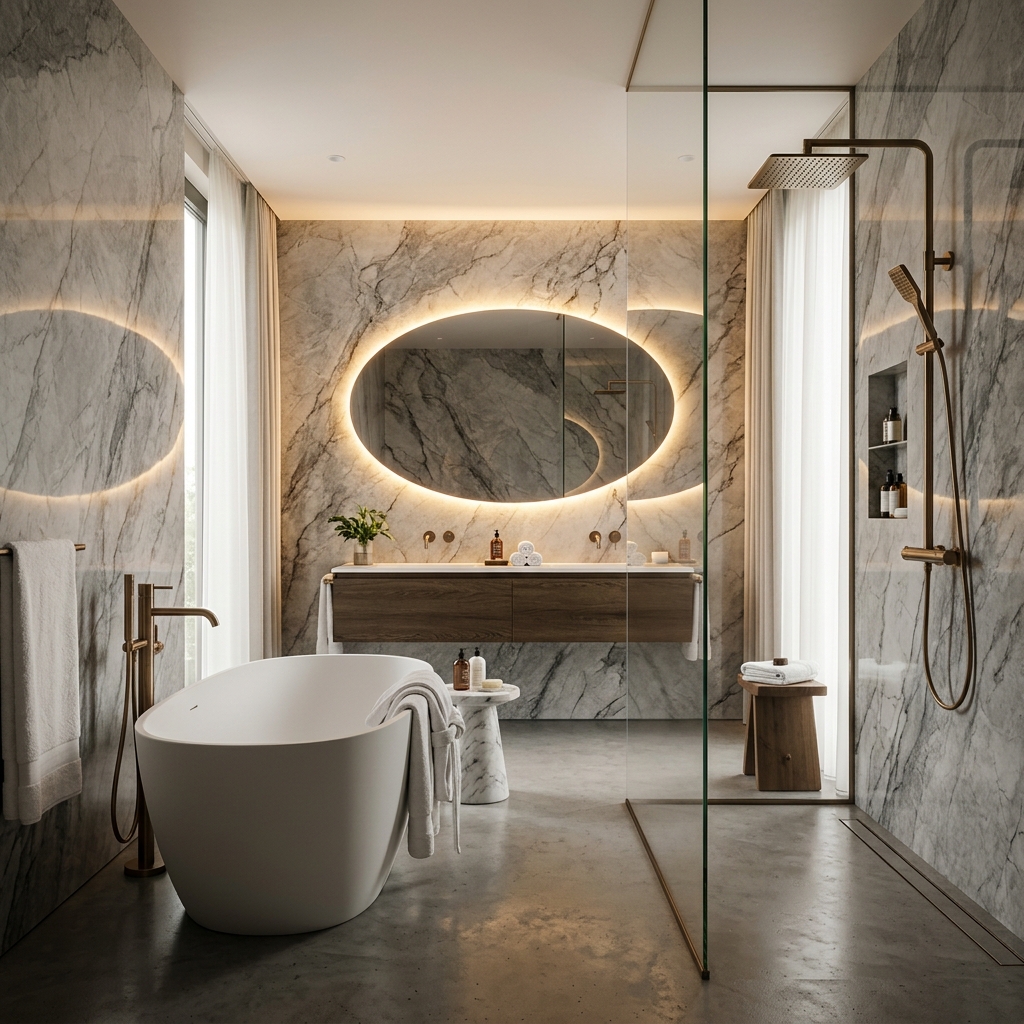 Luxury 5-star hotel bathroom featuring freestanding bathtub, sintered stone walls, brushed bronze PVD fixtures and rain shower
