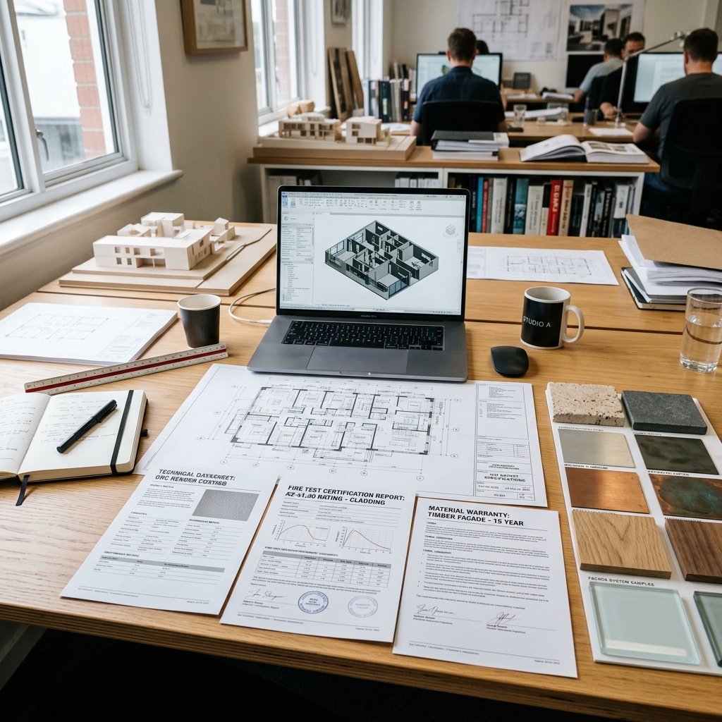 Architect's workspace with technical datasheets, fire test certification reports, material samples and BIM laptop spread on desk