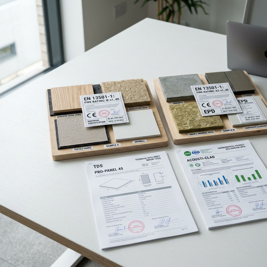 Material sample boards with certification labels and EN fire rating stamps laid out on a white table in a design office