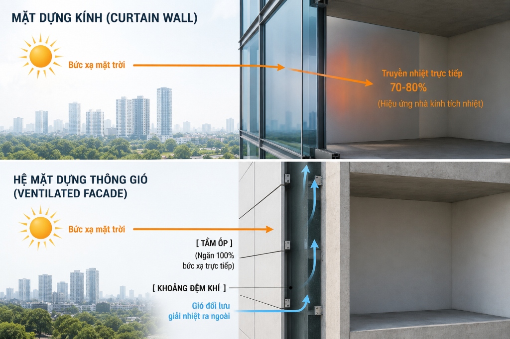 Comparative diagram analyzing the solar heat transmission of a glass curtain wall (causing 70-80% direct greenhouse heat gain) versus a double skin ventilated opaque facade (which blocks 100% direct solar heat and vents it away via convective air loop).