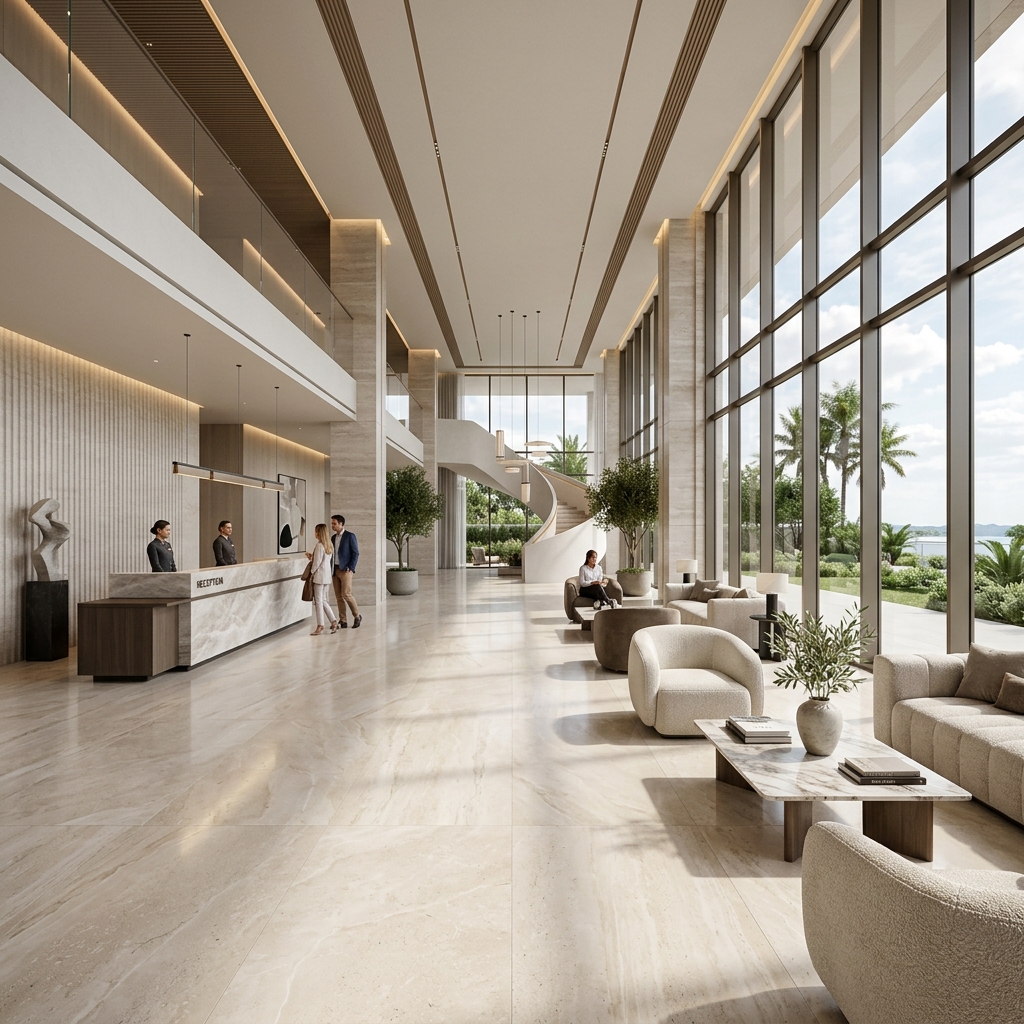 A luxury hotel lobby finished with large-format sintered stone flooring — one of the most sought-after flooring systems in premium hospitality projects in Vietnam.