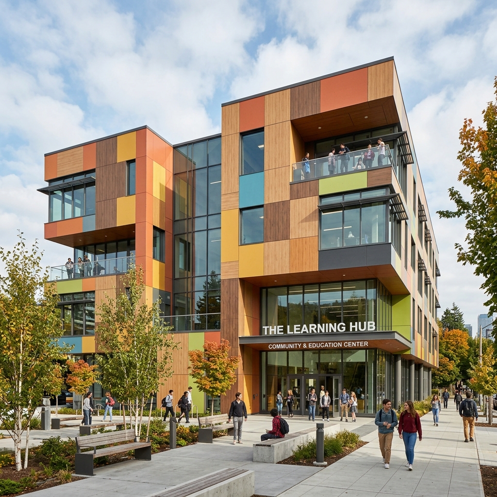 A contemporary educational building clad in HPL compact panels combining wood-effect and solid color panels — demonstrating HPL's versatility for bold architectural expression.