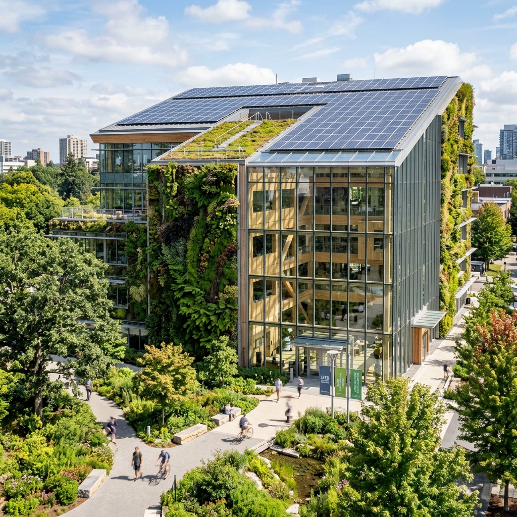 A LEED Platinum certified green building with living walls, rooftop solar panels, and extensive biophilic landscaping — the benchmark for sustainable architecture in Vietnam's commercial sector.