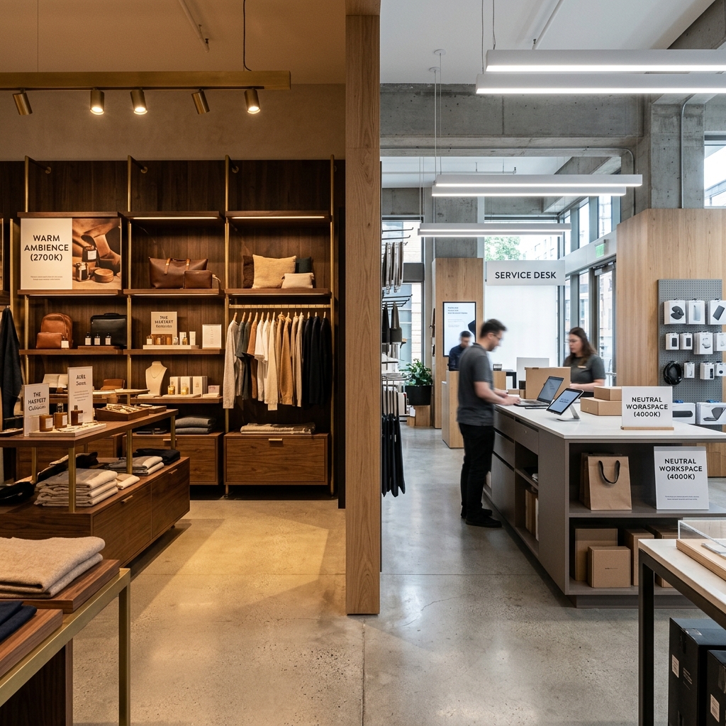 Split scene showing warm 2700K ambient lighting on the left versus neutral 4000K task lighting on the right in a modern retail environment