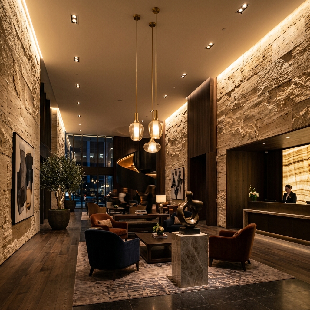 Luxury hotel lobby with layered architectural lighting — warm accent washing over stone walls, pendant fixtures, recessed downlights