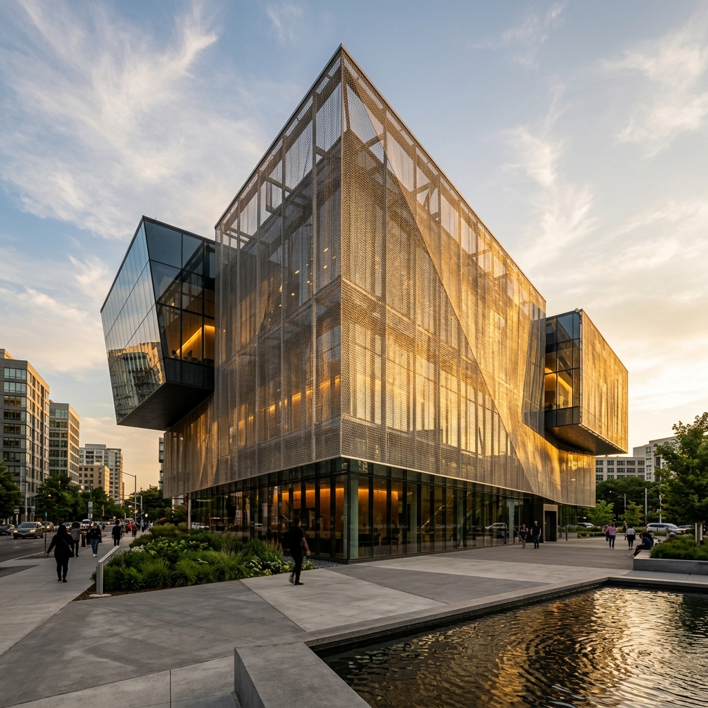 A landmark contemporary building wrapped in architectural metal mesh cladding — light filters through the woven stainless steel skin, creating a dynamic, translucent facade effect at golden hour.