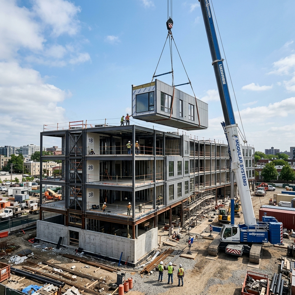 Volumetric prefabricated modules being precision-craned into position on a multi-storey construction site — modular construction is rapidly transforming build timelines across Vietnam.